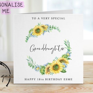 Personalisierte Enkelin Geburtstagskarte - Sonnenblumenkranz jedes Alter / Name, Grußkarte für sie 15, 16, 17, 18, 21, 30, 40, 50,