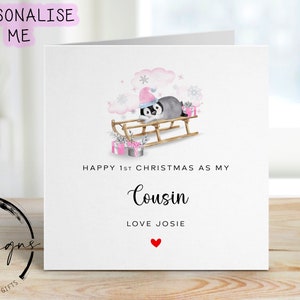 Erste Weihnachten als meine Cousin personalisierte Weihnachtskarte Rosa Thema Baby Pinguin