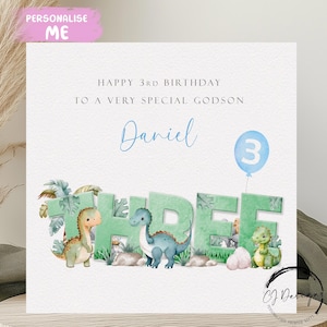 Personalisierte dritte Geburtstagskarte für Patenon Dinosaurier Grüne & Blaue Geburtstagskarte - 3. Geburtstag drei