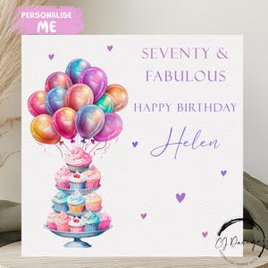 Soixante-dix-dix-sept ans et superbe carte d'anniversaire personnalisée, design multicolore, champagne, ballons et gâteaux, tous âges/noms