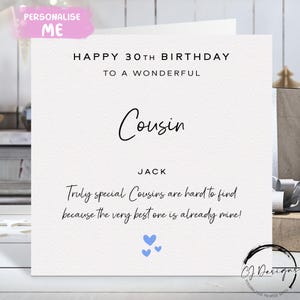 Biglietto di auguri di compleanno personalizzato per cugino, davvero speciale - Cuori blu QUALSIASI TESTO / ETÀ 18° 19° 21° 25° 30° 40° 50° 60° 65° 70° 80° 90°