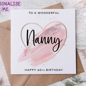 Biglietto di auguri di compleanno personalizzato per tata con design a cuore a tema rosa, biglietto di auguri per il suo 40°, 50°, 60°, 70°, 80°, qualsiasi età media o grande
