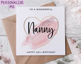 Personalised Nanny Birthday Card with Pink Theme Heart Design, Age Card For Her 40th,50th, 60th, 70th, 80th,  Any Age Med Or Lrg