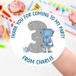 Personalisierte Roboter Geburtstag Aufkleber - Jungen Party Tasche Danke Aufkleber - Name und Alter Sweet Cone Etiketten 37mm / 45mm / 51mm / 64mm