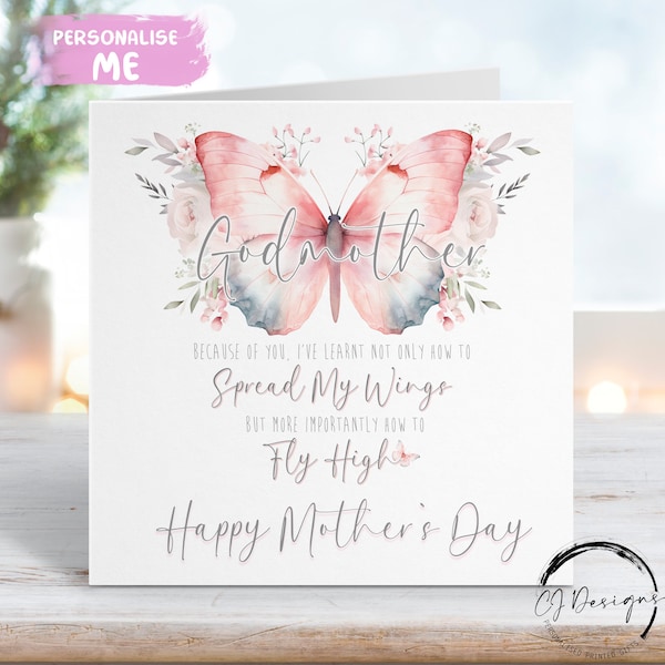 Godmother Mothers Day Card -Pink & Grey Butterfly Quote/Poem Card - Greeting Card