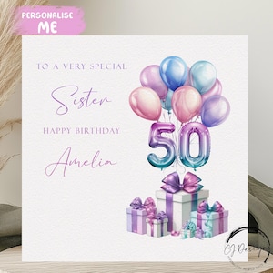 Carte d'anniversaire personnalisée pour soeur, tout âge/nom, ballons multicolores pastels numéro 15, 16, 17, 18, 21, 25, 30, 40, 50, 60, 70,
