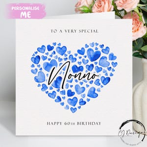 Carte d'anniversaire personnalisée Nonno, coeurs bleus TOUT TEXTE /ÂGE/ 40e 45e 50e 60e 65e 70e 75e 80e 85e 90e 95e 100e