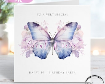 Personalised Great Niece Birthday Card -Purple Theme Butterfly Greeting Card For Her Any Age 16th 18th, 21st, 30th, 40th 50th 60th, 70th,