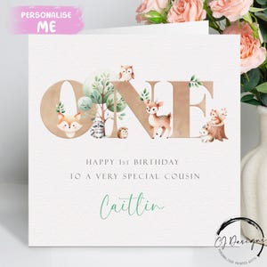 Cartão de aniversário personalizado para primo Woodland Animals com tema neutro - Cartão de aniversário de 1º aniversário