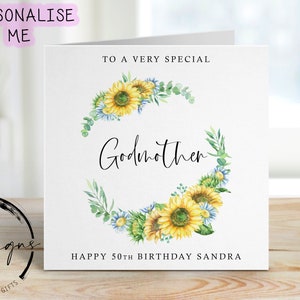 Carte d'anniversaire personnalisée pour marraine - Couronne de tournesols, tout âge/nom, carte de voeux pour ses 21, 30, 40, 50, 60, 70, 80 ans. 90e