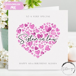 Carte d'anniversaire personnalisée belle-sœur, coeurs roses N'IMPORTE QUELLE TEXTE /ÂGE/ Nom 21e 25e 30e 35e 40e 45e 50e 60e 65e 70e 80e 90e