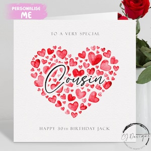 Carte d'anniversaire cousine personnalisée, coeurs rouges N'IMPORTE QUELLE TEXTE/ÂGE/ Prénom 18ème 21ème 25ème 30ème 35ème 40ème 45ème 50ème 55ème 60ème 65ème 70ème 75ème 80ème