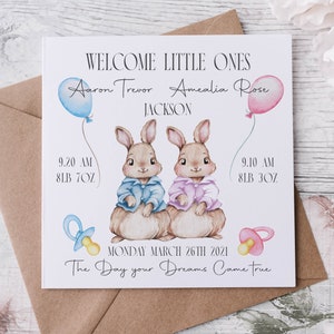 Personalisierte Zwillings-Baby-Mädchen und Jungen-Kaninchen-neue Baby-Jungen-Mädchen-Glückwünsche Baby-Statistiken-Karte Rosa und Blau