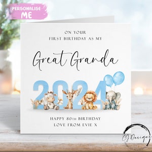 Biglietto di auguri di compleanno personalizzato per bisnonno Primo come il mio tema animale blu con nome QUALSIASI ETÀ/FORMULAZIONE 1° 65° 70° 75° 80° 85° 90°