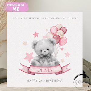 Carte d'anniversaire personnalisée arrière-petite-fille ours - Joli ours en peluche avec des ballons roses, tous les âges et tous les noms 1er 2e 3e 4e 5e 6e 7e 8e