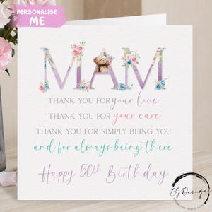 Tarjeta de cumpleaños personalizada para mamá, tarjeta con poema, tarjeta de felicitación floral rosa para cualquier edad con osito de peluche para los años 40, 50, 60, 65, 70, 75, 80, 90 y 100