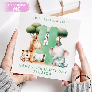 Cartão de aniversário personalizado para irmã, animais de safári, verde, idade, número e nome 1º, 2º, 3º, 4º, 5º, 6º, 7º, 8º e 9º Menina de 1 a 9 anos