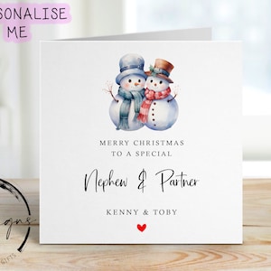 Personalisierte spezielle Neffe & Partner Weihnachtskarte -Schneemann Paar Karte und rotes Herz