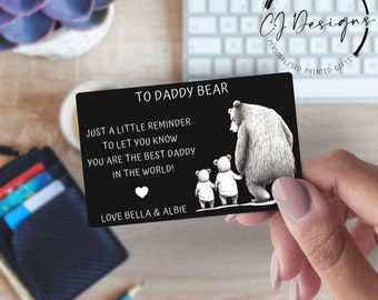 Personalised Daddy Bear Engraved Metal Wallet card for Fathers Day Twins or upto 4 Children Sentimental Keepsake Metal Wallet Card