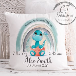 Cojín de dinosaurio personalizado, bonito regalo de nacimiento para bebé, recuerdo, funda de cojín blanca súper suave, verde o rosa