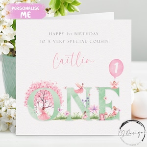 Tarjeta personalizada de primer cumpleaños para una prima. Tarjeta de cumpleaños de hada rosa y verde. Primer cumpleaños de niña.