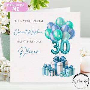 Carte d'anniversaire personnalisée arrière-neveu tout âge/nom - ballons bleus/verts âge 16, 17, 18, 21, 25, 30, 40, 45, 50, 60,