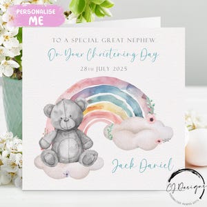 Biglietto di auguri personalizzato per il battesimo del pronipote, nome e data, biglietto di auguri con orsetto arcobaleno, ricordo del giorno del battesimo per lui