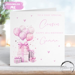 Cartão de aniversário personalizado para primos, design rosa, presente e balões, qualquer idade/nome 18, 21, 30, 40, 50, 60, 65, 70, 80, 90