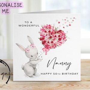 Carte d'anniversaire personnalisée pour nounou - mignon lapin avec ballon coeur fleur - carte pour elle, tout âge - 40e 50e 60e 70e 80e