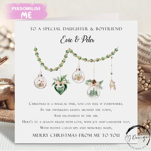 Gepersonaliseerde kerstkaart met gedicht voor dochter en vriend met namen kerstversieringen Kaart voor stelletjes van mij of wij