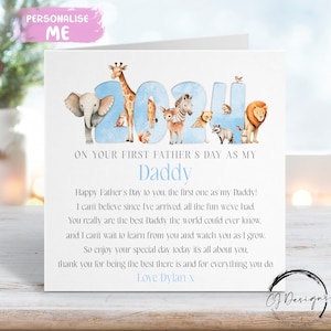 Carte personnalisée fête des pères papa - couleur bleue arche de Noé thème animal première fête des pères comme mon poème - nom n'importe quel libellé 1ère fête des pères