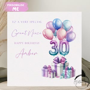 Gepersonaliseerde geweldige nichtje verjaardagskaart elke leeftijd/naam pastel veelkleurige nummer ballonnen 15e 16e 17e 18e 21e 25e 30e 40e 45e 50e
