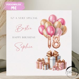 Carte d'anniversaire personnalisée Bestie, tout âge/nom, ballons numérotés roses et or rose 14e 15e 16e 18e 19e 21e 25e 30e 35e 40e 50e 60e
