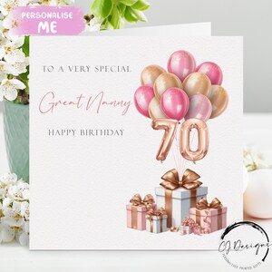 Grande carte d'anniversaire personnalisée pour nounou tout âge rose et or rose ballons numéro 50e 60e 65e 70e 75e 80e 85e 90e 95e 100e