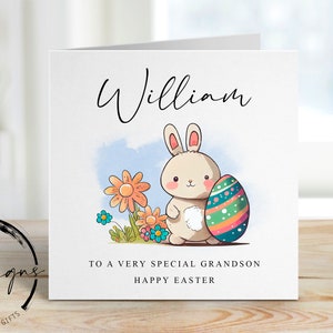 Carte de Pâques personnalisée petit-fils avec nom - Illustration d'un lapin de Pâques et d'un oeuf de Pâques - Carte pour lui
