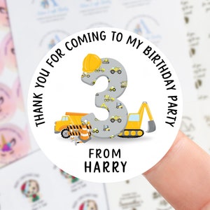 Pegatinas de cumpleaños personalizadas para niños, diseño de camión de construcción, excavadora, bolsa de fiesta de cumpleaños, pegatina de agradecimiento, etiqueta de cono dulce, 37 mm, 45 mm, 51 mm y 64 mm