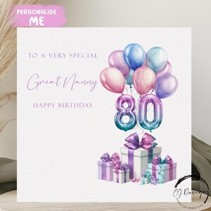 Grande carte d'anniversaire personnalisée pour nounou, tout âge, ballons multicolores pastel 50e, 60e, 70e, 75e, 80e, 85e, 90e, 95e, 100e