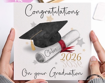Spersonalizowana kartka z gratulacjami z okazji ukończenia szkoły z czapeczką i zwojem w niestandardowym kolorze wstążki
