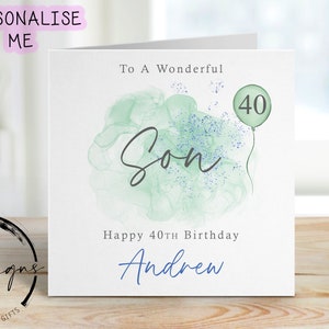 Gepersonaliseerde verjaardagskaart zoon - groen/blauw ontwerp met groene ballon - kaart voor hem, elke leeftijd en naam -30-40e 50e, 60e 70e