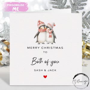 Carte de Noël personnalisée pour vous deux - Carte pour couple de pingouins et coeur rouge
