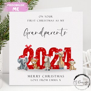 Tarjeta de Navidad personalizada para abuelos 2024: primera Navidad de Safari Animals como mi tarjeta