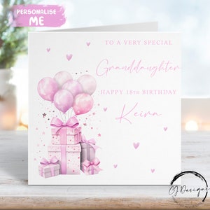 Biglietto di auguri di compleanno personalizzato per nipote, design rosa, regalo e palloncini, qualsiasi età/nome 15° 16° 17° 18° 21° 30° 40° 45° 50°