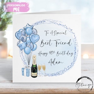 Carte d'anniversaire personnalisée meilleur ami avec des ballons à thème bleu Tout âge 14ème 15ème 16ème 18ème 21ème 30ème 40ème 50ème 60ème 70ème 80ème 90ème 100ème