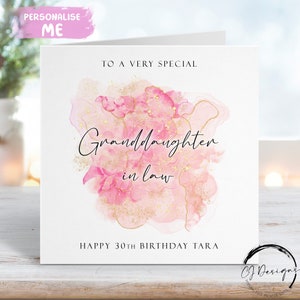 Gepersonaliseerde schoondochter verjaardagskaart roségoud en roze splash ontwerp elke leeftijd 14e 15e 16e 18e 19e 20e 21e 30e 40e 50e