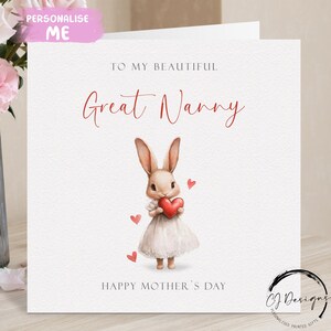 Grande carte de fête des mères de nounou - carte de lapin pour elle, grande ou petite carte - propre message à l'intérieur