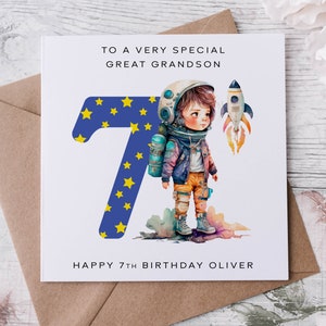 Cartão de aniversário personalizado para bisneto de astronauta, tema espacial para meninos, personalizado com nome e idade 1º, 2º, 3º, 4º, 5º, 6º, 7º e 8º