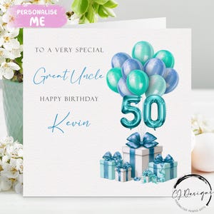 Carte d'anniversaire personnalisée grand oncle tout âge/nom - bleu/vert ballons âge 40e 45e 50e 60e 65e 70e 75e 80e 85e 90e 95