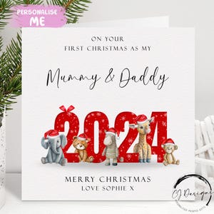 Tarjeta de Navidad personalizada de mamá y papá 2024 - Primera Navidad de animales de safari como mi tarjeta