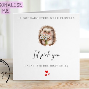 Tarjeta de cumpleaños personalizada para ahijada: erizo con flores. Tarjeta de felicitación para ella de cualquier edad o nombre (16, 18, 21, 30 o 40 años).