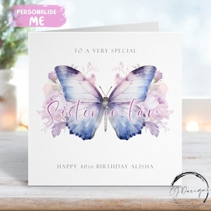 Carte d'anniversaire personnalisée belle-soeur - carte de voeux papillon violet pour elle, tout âge 18ème 21ème 30, 40ème 50ème 60ème 70ème 70ème 80ème 90ème